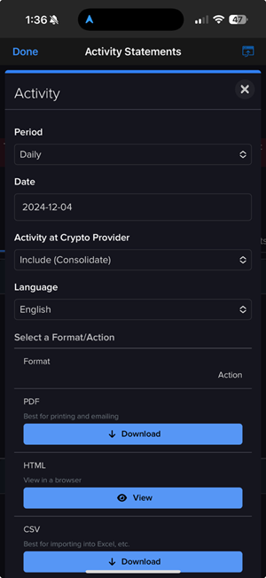 The activity statement on the iPhone. 